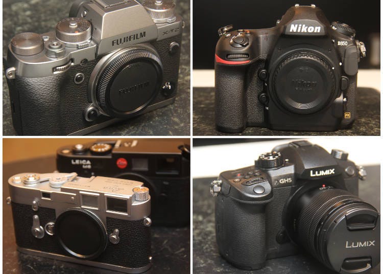 1: Fujifilm X-T2 Silver Edition (body) 128,000 yen; 2: Nikon D850 (body) 323,800 yen; 3: In front is the Leica M3 (body) 298,000 yen and behind it the Leica M6TTL (body) 219,800 yen; 4: Panasonic / Lumix DC-GH5M Zoom Lens Kit 208,000 yen