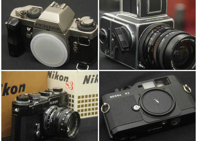 1: Pentax LX Titanium (body) 189,000 yen; 2: Hasselblad A12 Chrome (body) 17,280 yen, CF50 (lens) 81,000 yen, 500C/M (grid screen) 52,920 yen; 3: Nikon S3 Olympic Model 702,000 yen; 4: Voigtlӓnder Bessa R2 (body) 62,640 yen