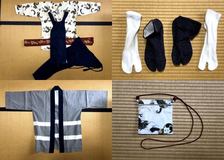 Caption: Clockwise from top left: Festival clothing; socks and tabi boots; purse for simple belongings; heavier hanten coat for carrying a mikoshi