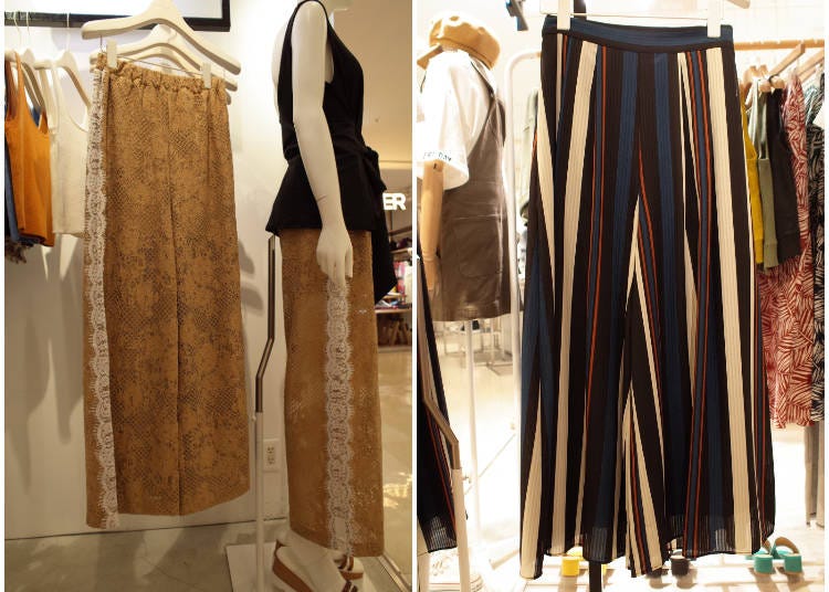 Lace pants popular this season (left) and chic striped pants (right)