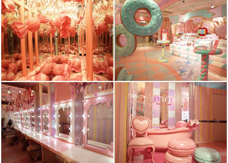 Upper left: Mirror room for taking unique photos; lower left: makeup room; upper right: photogenic donuts; lower right: the sweet room, a photo spot reserved only for those taking photos for print seals