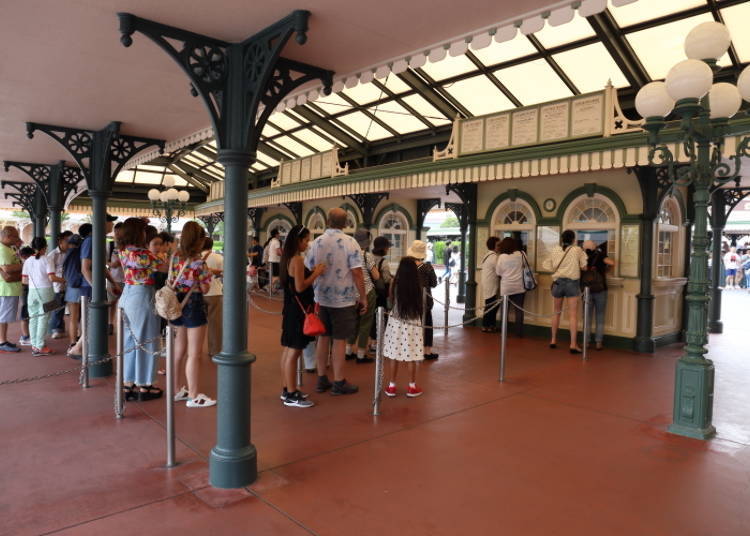 The park ticket counters of Tokyo Disneyland. They tend to get quite crowded around park opening time.