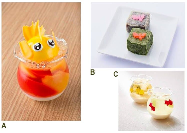 Items can be found at the following shops: A: Patisserie ISOZAKI; B: Nihonbashi Nichigetsudo; 3: The Mandarin Oriental Gourmet Shop