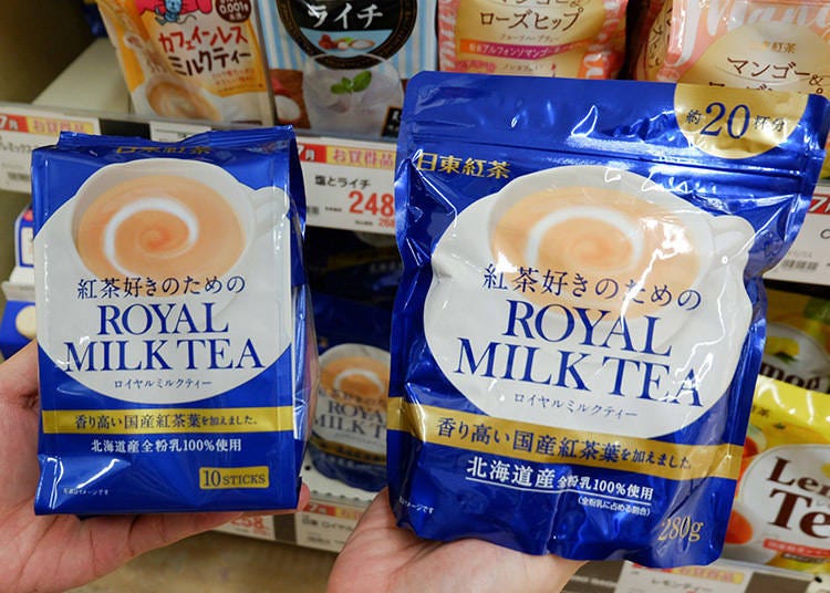 Nitto Royal Milk Tea (left), brewing bag, 10 pcs, 301 yen (tax included). Family pack (right), 280gr, 495 yen (tax included).
