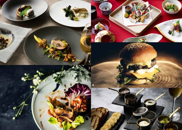 1) “Collage” offers modern French cuisine. 2) Enjoy refined Chinese cuisine at “China Blue.” 3) “Kazahana” serves authentic Japanese cuisine. 4) & 5) The chefs of “Bar & Lounge Twenty Eight” create individualistic dishes inspired by art and ingredients.