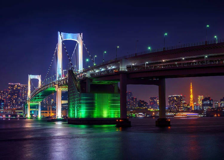 The iconic scenery of Rainbow Bridge with central Tokyo in the background.