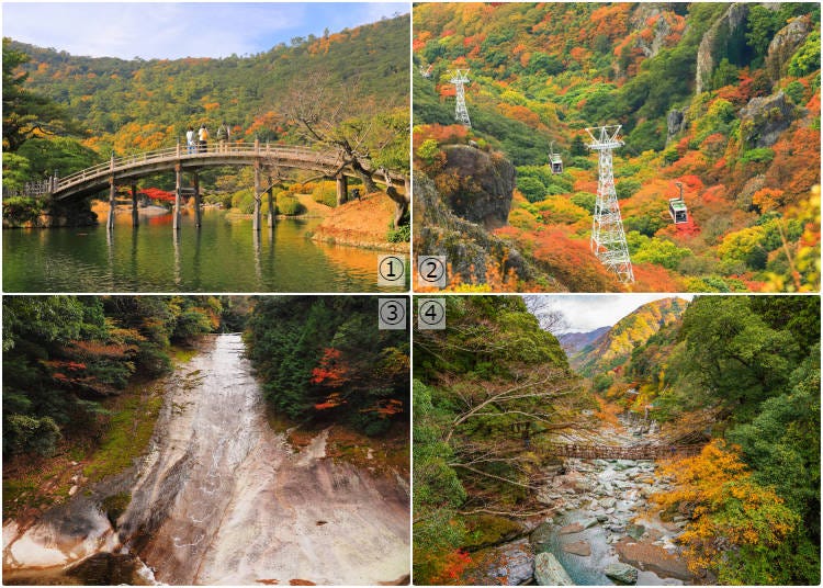 1-Ritsurin Garden; 2-Kankakei Gorge; 3-Nametoko Gorge; Iya Valley (Photos: PIXTA)