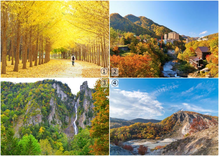 1-Universitas Hokkaido; 2-Jozankei Onsen; 3-Sounkyo; 4-Noboribetsu Onsen (Foto: PIXTA)