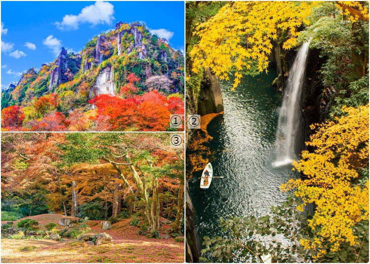 1-Yabakei Gorge; 2-Takachiho Gorge; 3-Kiyomizu-dera Honbo Garden (Photos: PIXTA)