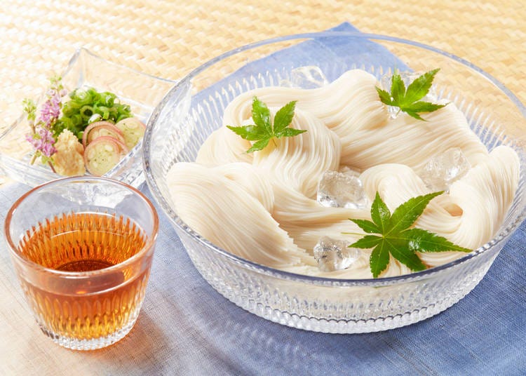 Somen: Thin, delicate noodles typically chilled and dipped in a savory sauce.