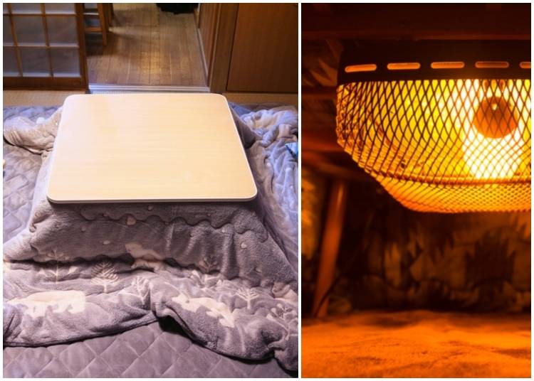 Left: Kotatsu from the outside; right: the electric heating element in a kotatsu