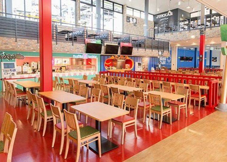 The second floor has an area with lower tables and chairs, perfect for kids.