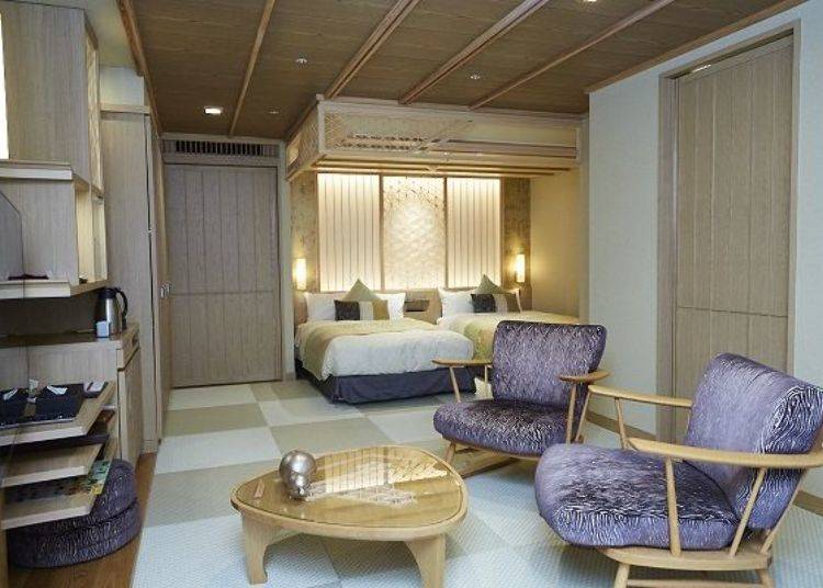 “Miyabi” is a spacious room that blends Japanese and Western style (from 29,160 yen per person per night for a group of four, includes two meals).