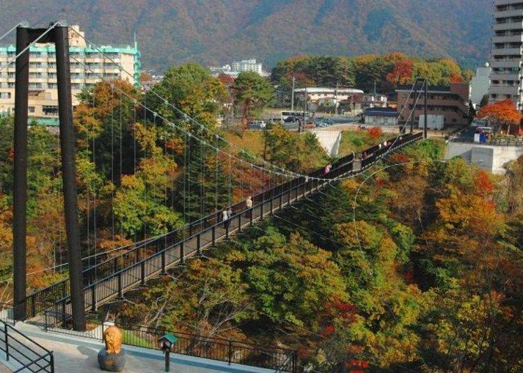 秋季的鬼怒楯岩大吊橋四周環繞著如畫作顏料般的黃橙楓色（照片提供：日光市觀光協會）