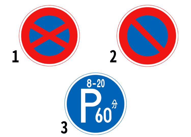 1- No stopping. / 2- No parking. / 3- Restricted parking (From 8AM – 8PM; limited to 60 minutes).
