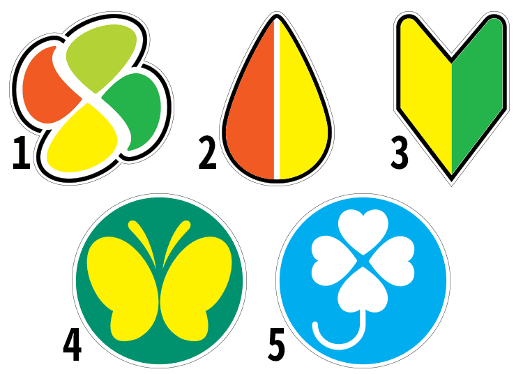 Meaning of those stickers you see on some cars in Japan: 1. Koreiuntensha mark (Elderly Driver) / 2. Momiji Mark (Elderly Driver – mostly in disuse) / 3. Shoshinsha mark (Beginner Driver) / 4. Choukaku Mark (Hearing Impaired Driver) / 5. Shintaishogaisha mark (Driver with Physical Challenge)