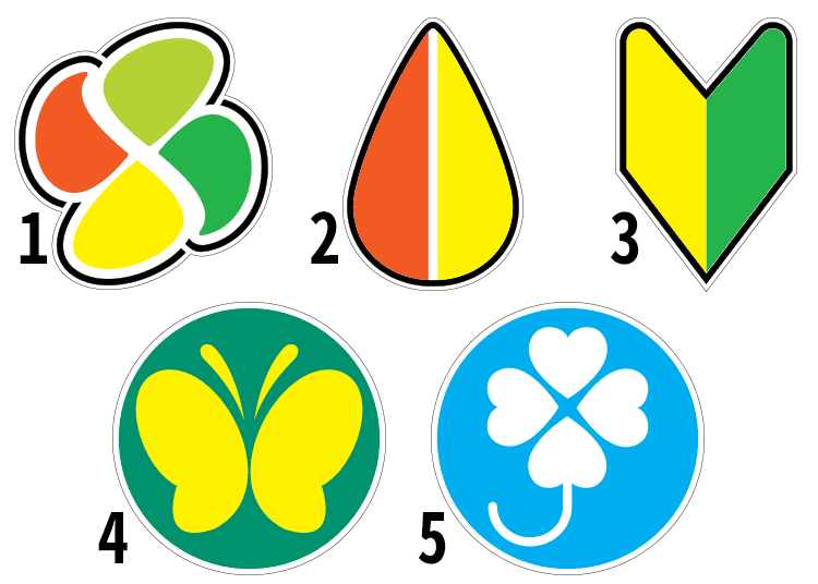 Meaning of those stickers you see on some cars in Japan: 1. Koreiuntensha mark (Elderly Driver) /  2. Momiji Mark (Elderly Driver – mostly in disuse) / 3. Shoshinsha mark (Beginner Driver) / 4. Choukaku Mark (Hearing Impaired Driver) / 5. Shintaishogaisha mark (Driver with Physical Challenge)