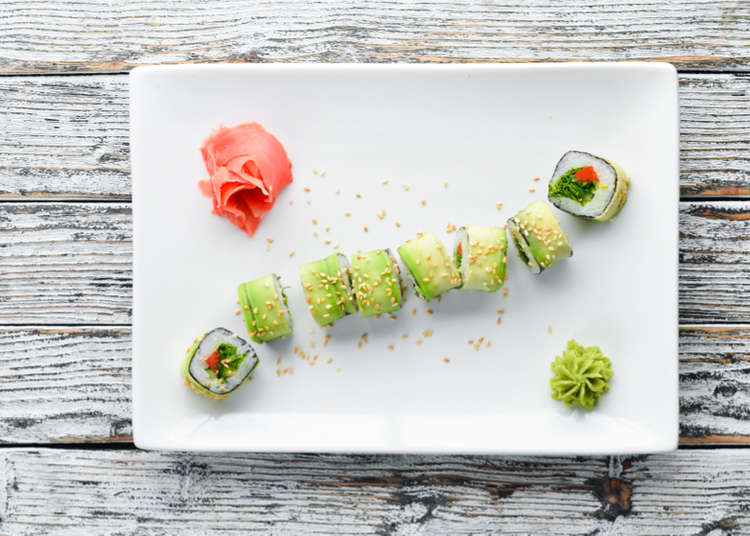 Vegetarian Sushi And Roll Set With Vegetables. Japanese Food Stock