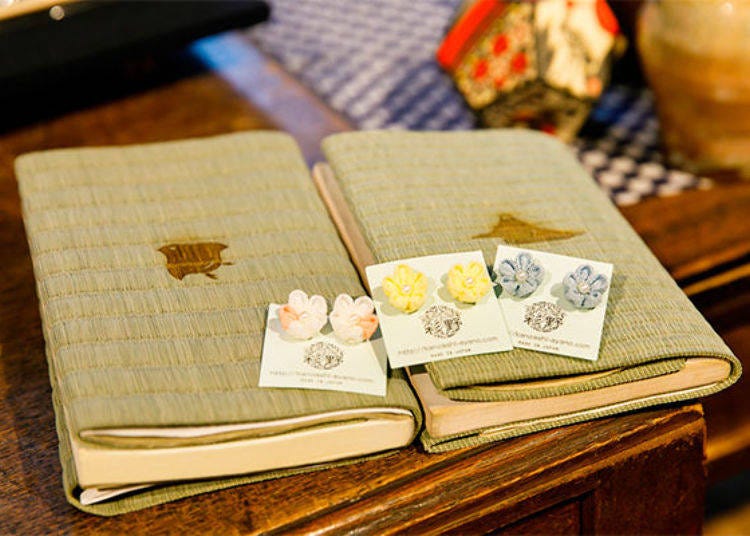 Tatami Book Cover (left: 1,620 yen; right: 1,296 yen) and Tsumami Zaiku Earrings “Flower” (3,240 yen each)