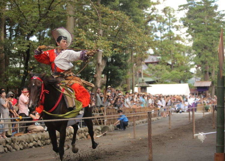 Yabusame, Japanese horseback archery, is one of the highlights of the Grand Festival in September.