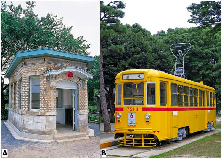 Left: Police Box at Manseibashi Bridge. Right: City Train Model 7500. Image courtesy of EDO-TOKYO OPEN AIR ARCHITECTURAL MUSEUM.