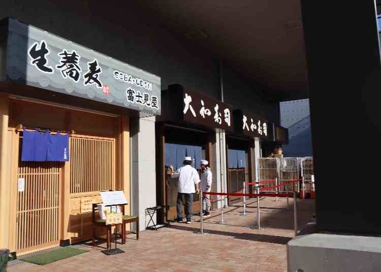 There are restaurants and shops on the first floor