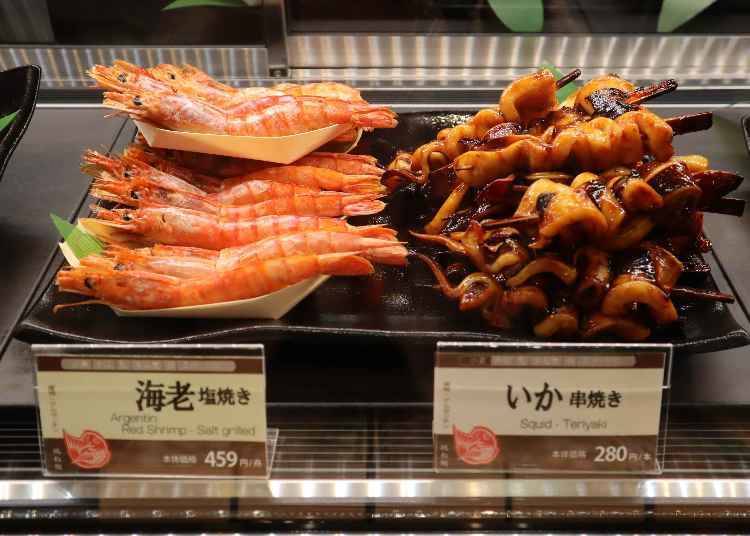 4. Grilled salted shrimp, scallops teriyaki, and silver warehou at Hanetai