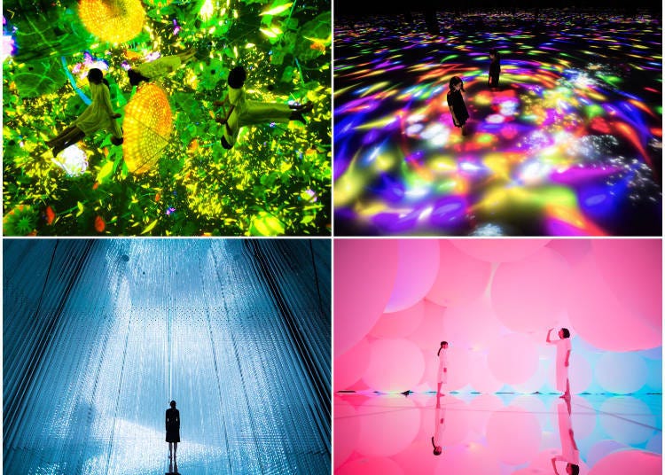 Clockwise from top left: Floating in the Falling Universe of Flowers; Picture of surface’ water drawn by swimming carps with humans -Infinity; The Infinite Crystal Universe; A living space that changes on its own to the extent of space and three-dimensional objects‐free flotation, two dimensional three-color objects and ambiguously colored objects. ©teamLab