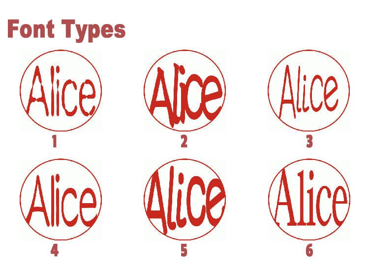 Hanko fonts: (1) Kointai; (2) kissoutai; (3) tenshotai; (4) reishotai; (5) gyoshotai. Image courtesy of Kamakura Hanko.