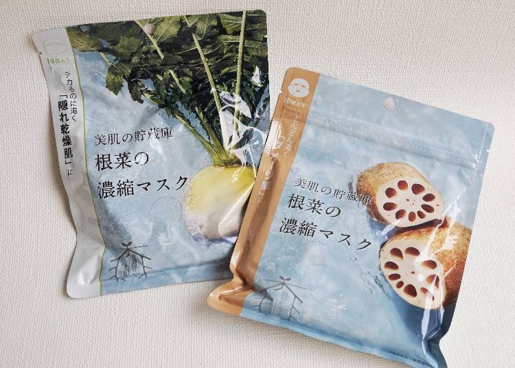 Made in Japan: @cosme nippon/The mask made with shōgoin radishes from Kyoto (right) is perfect for those with skin that might gleam but is actually deceptively dry, while those with damaged skin which dehydrates quickly will prefer the mask which uses shiroishi lotus roots (left)/790 yen for 10 sheets each (tax exclusive).
