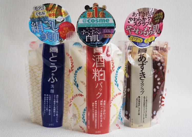 Made in Japan: Wafoodmade/From the left: Tofu Facewash/1000 yen (tax exclusive) 170g, Sake Lee Pack, Azuki Scrub/1200 yen each (tax exclusive) 170g.