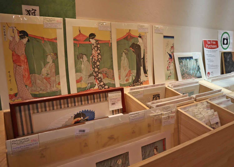 All sorts of woodblock prints are being displayed in the shop