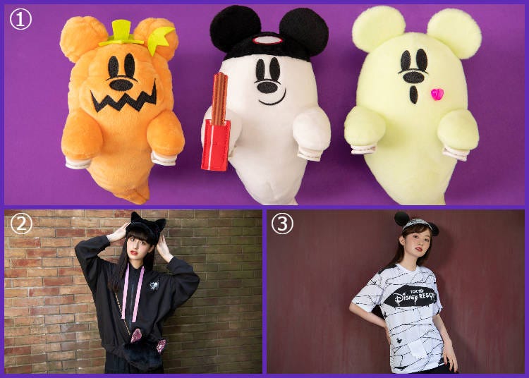1.Plush toy 1,700 yen each 2.Cap (2,800 yen) Hooded Sweatshirt (for Women, Size: S, M - 4,900 yen each) Pochette (2,000 yen) 3. T-shirt (Size: M, L - 2,800 yen each) Mickey hat (2,000 yen)