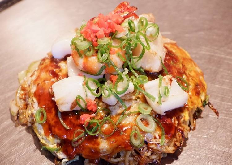 Squid, Shrimp, Scallops, and Shiso Okonomiyaki (with soba), 1,890 yen