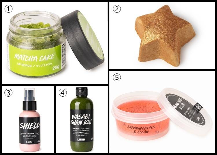 1. Lip Scrub: Matcha Cake (1,200 yen) 2. Shower Bomb: Validation (500 yen) 3. Hair Serum: Shield (2,920 yen) 4. Liquid Shampoo: Wasabi Shan Kui (3,500 yen) 5. Toothpaste Jelly: Strawberries and Clean (1,000 yen)