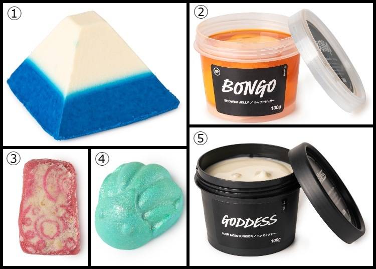 1. Bath Oil: Mount Fuji (450 yen) 2. Shower Jelly: Bongo (980 yen) 3. Soap: John and Paul M (1,360 yen) 4. Shower Bomb: Luck (500 yen) 5. Hair Moisturizer: Goddess (2,610 yen)