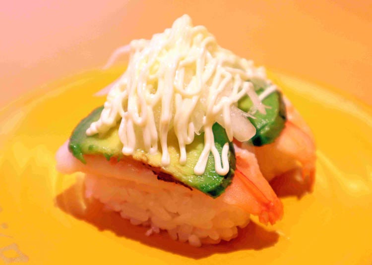 Sushiro Original Shrimp Avocado and the #1 Popular Tuna Sushi (120 yen each/tax not included)