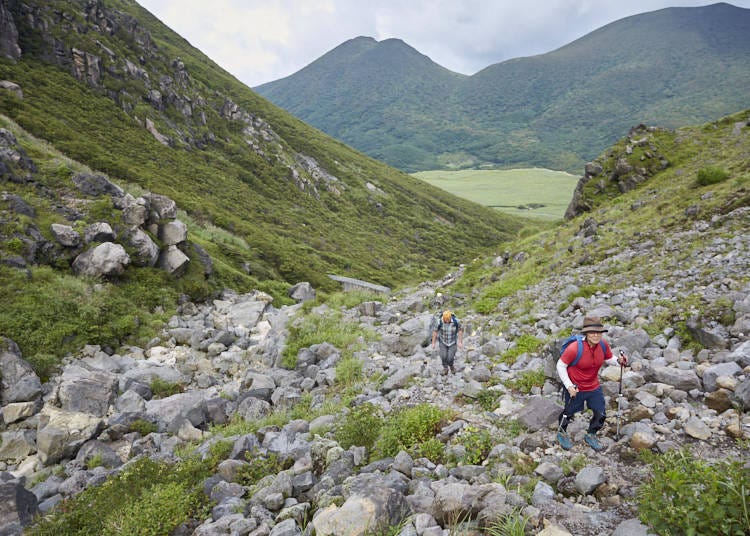 The Course’s Greatest Challenge: Climbing Through Rocky Sugamori Pass, and a View
of Mount Iwo