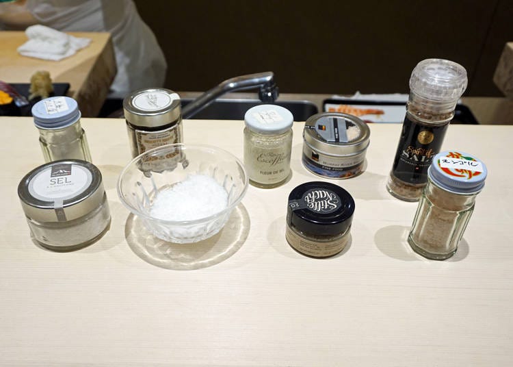 A lineup of more than 10 types of salt. A testament to the commitment of the craftsmen.