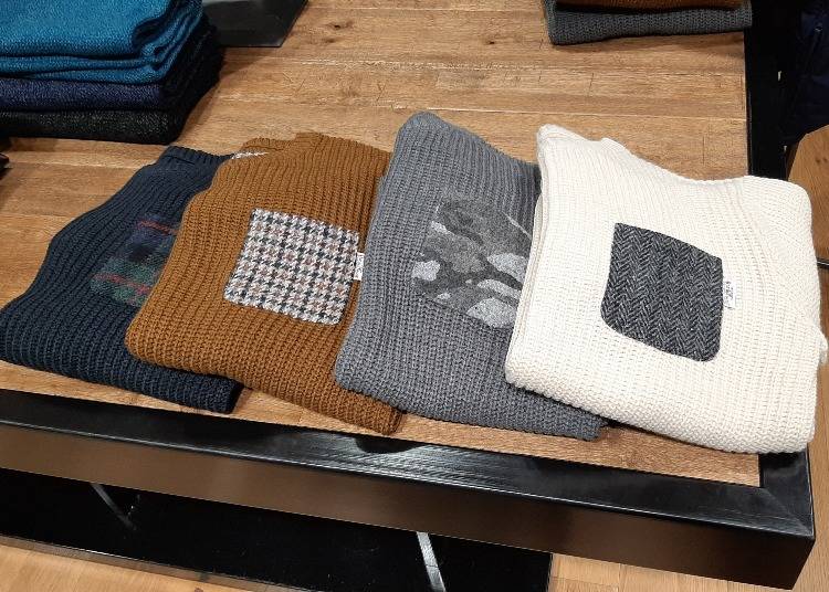 Harris Tweed口袋拼接針織毛衣（定價6000日圓）左至右：藏青色、駝色、灰色、米色