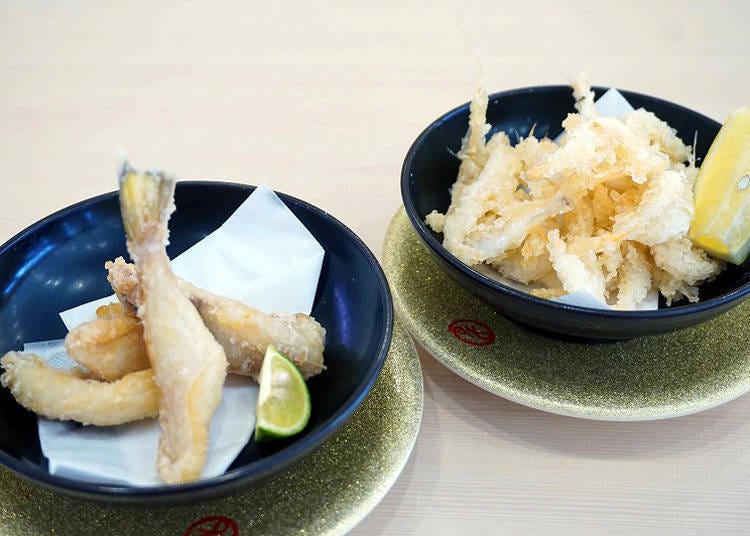 Left: fugu, deep fried, 500 yen (tax not included). Right: Fried white shrimp 500 yen (tax not included)