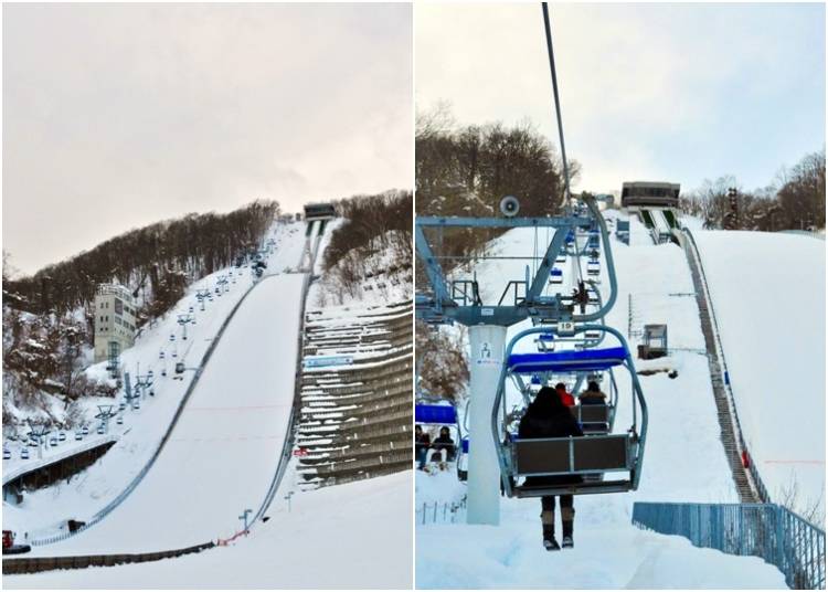 The view of the ski jump from the bottom of the hill (left) and as visitors ascend on the ski lift to the top of the ski jump (right).