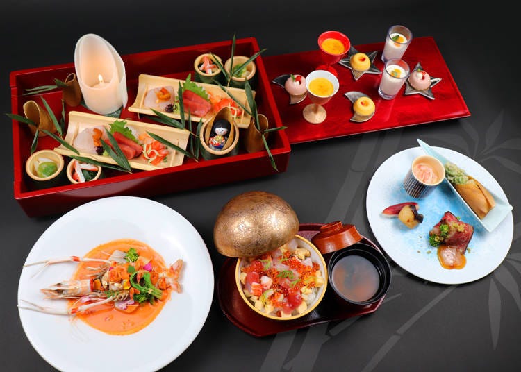 The dishes from the “Tale of the Bamboo Cutter Course” (Clockwise from upper left: Zenzai no otsukuri moriawase, Shiizakana, Shokuji, Mizugashi)