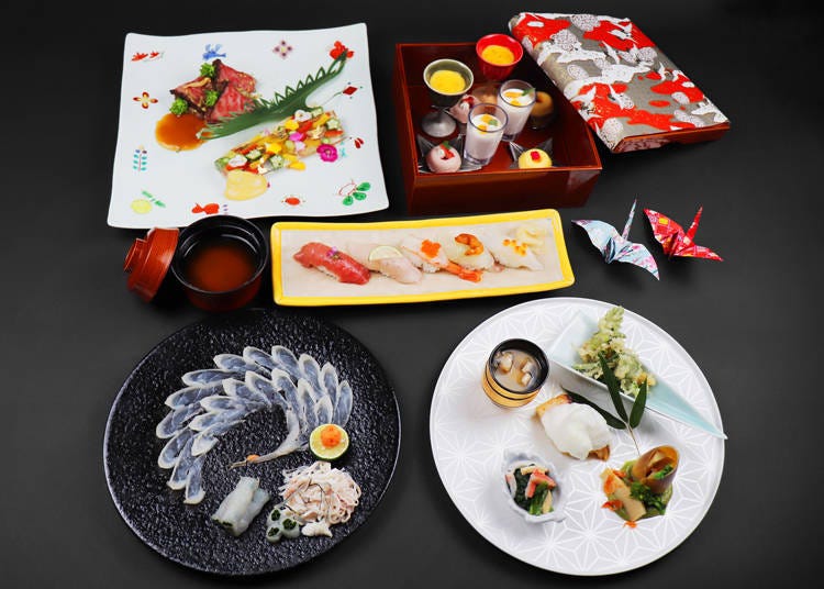 The dishes that come with the “Tsuru-no-Ongaeshi Course”: Clockwise from the upper-left, Nikuryori, Mizugashi, Shokuji, Gyoryori and Sakizuke.