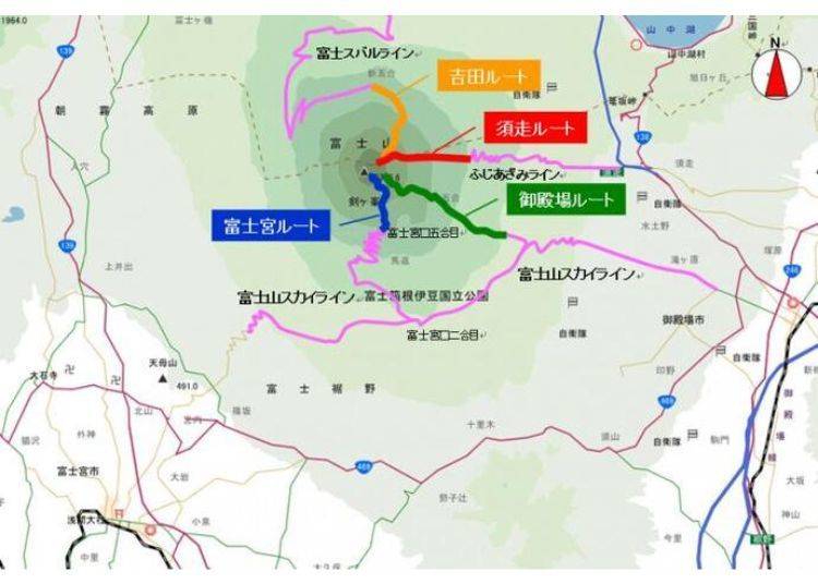 富士登山のルート（出典：静岡県GIS）