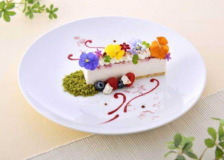 「イタリアンレストラン ラ・テラッツァ 芦ノ湖」 エディブルフラワーと生クリームが、甘酸っぱいフランボワーズのレアチーズを飾る優雅な一品。抹茶のスポンジは新緑の大地を、ルビーチョコは舞い散る花びらを表現しています