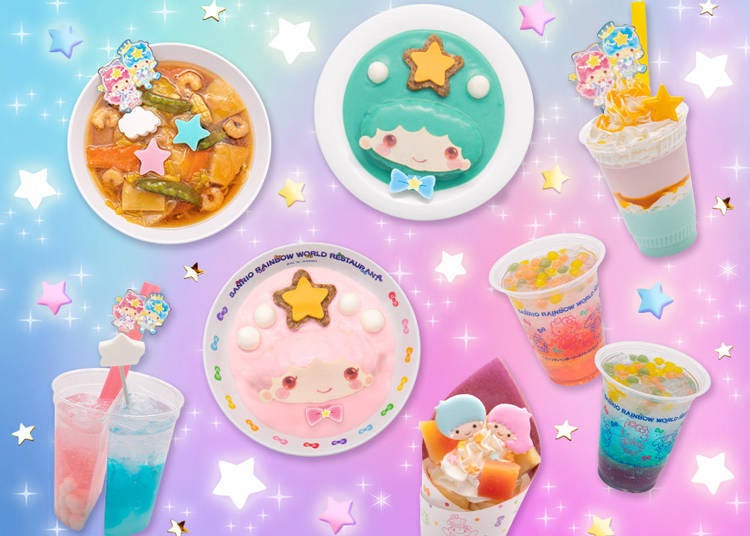 Kiki & Lara's fluffy bean paste Tianjin noodles (1300 yen), Kiki's star hamburger blue curry (1350 yen), Lara's star hamburger pink omelet (1350 yen), Kiki & Lara two tone drinking mousse (800 yen), Kiki's Blue Jules Soda (600 yen), Lara's Pink Jules Soda (600 yen), Kiki & Lara's Fruit Crepe (780 yen), Kiki & Lala's Twinkle Color Miracle Soda (750 yen). Each price has tax included.