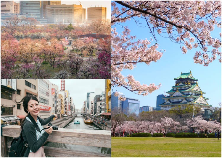 Clockwise from top left: Plum grove at Osaka Castle; Osaka Castle; Dotonbori. (Photos: PIXTA)