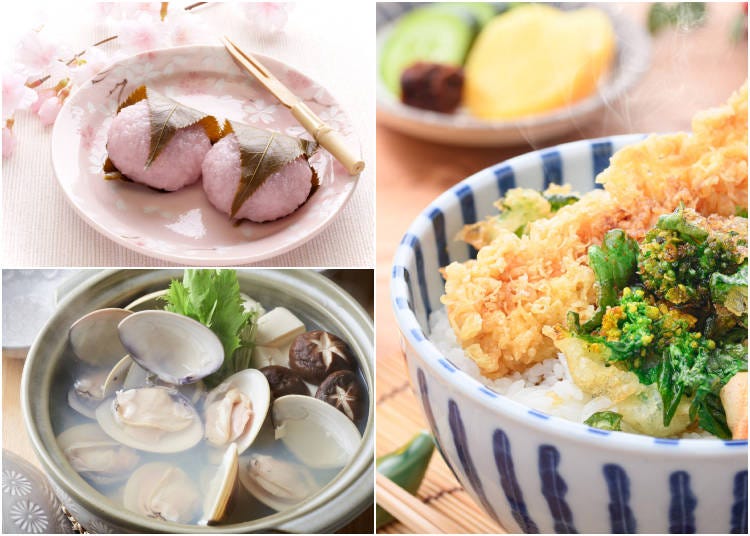 Clockwise from top left: Sakura mochi; spring tempura (with rapeseed greens and shrimp); hamaguri clams in broth (Photo: PIXTA)