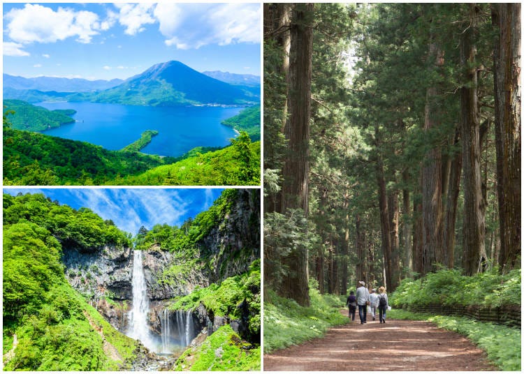 Clockwise from top left: Lake Chuzenji and Mt. Nantai viewed from the Hangetsuyama Observatory; fresh spring greenery along the Nikko Cedar Avenue; springtime Kegon Falls in Nikko. (Photos: PIXTA)